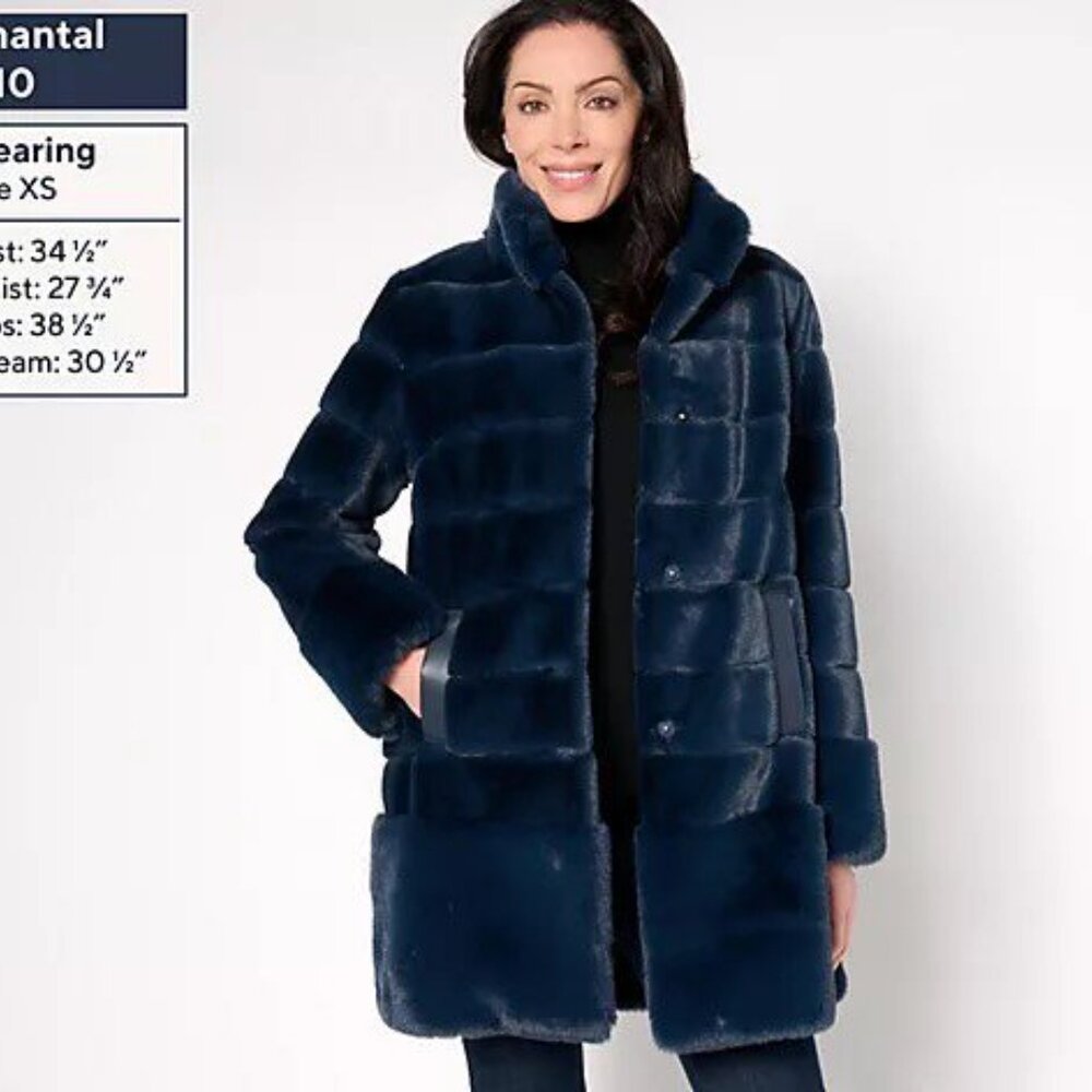 Dennis Basso Pelted Faux Fur Jacket/Coat with Stand Collar Size XL Slate Blue - Picture 4 of 6